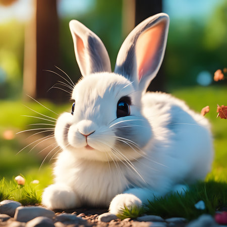 Cute white rabbit on green grass in garden. Easter concept.の素材