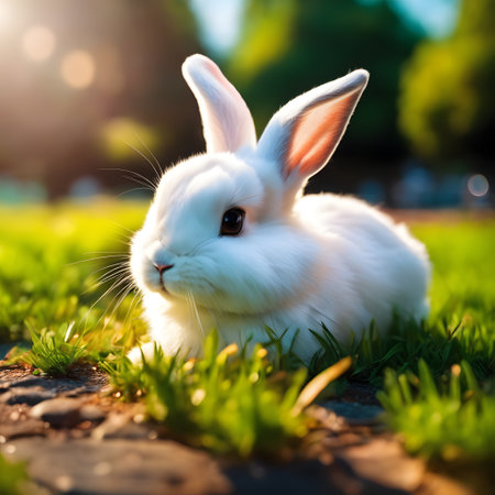 Cute white rabbit on green grass in summer park, close upの素材