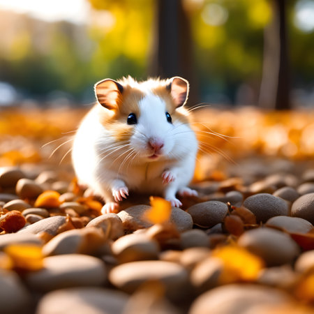 Hamster on autumn leaves background. Hamster on autumn leaves background.の素材