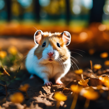Hamster in the autumn park. Red and white pet hamster.の素材