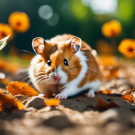 Hamster on a background of yellow flowers in the autumn forest.の素材