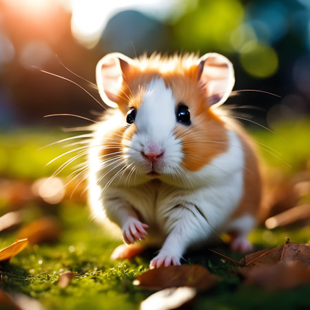 Hamster on the grass in the garden. Hamster on nature background.の素材