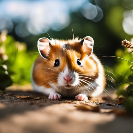 Hamster on the grass in the garden. Hamster on nature backgroundの素材