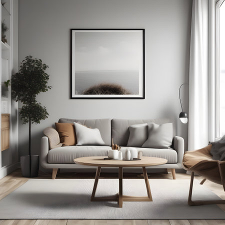 Interior of modern living room with white walls, wooden floor, comfortable brown sofa and coffee table. Vertical mock up poster frame. 3d renderingの素材