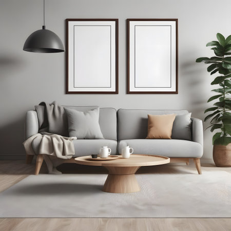 Interior of modern living room with gray sofa, coffee table and two posters. 3d renderの素材