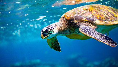Green Sea Turtle swimming in the blue water of a tropical sea.の素材