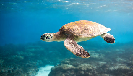 Green sea turtle swimming underwater in blue water. Sea tortoise in the ocean.の素材