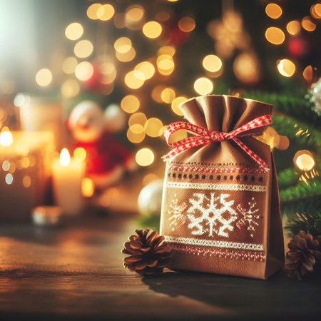 Christmas gift box on a wooden table with bokeh background.の素材