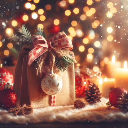 Christmas gift box with christmas decoration on bokeh background.の素材