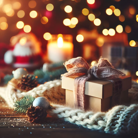 Christmas decoration with gift box and lights on bokeh background.の素材