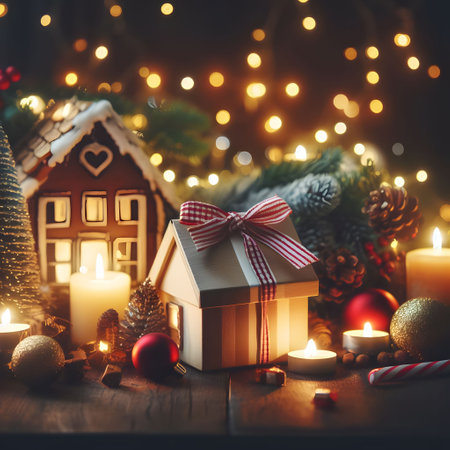 Gift box with red ribbon on a wooden table with Christmas decorations.の素材