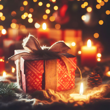 Christmas gift box and candles on bokeh background. Copy space.の素材