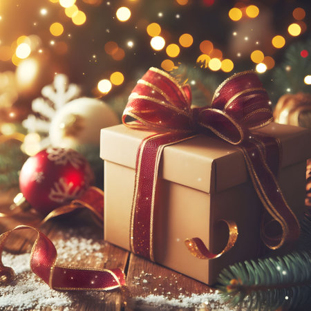 Christmas gift box and christmas tree with bokeh lights on backgroundの素材