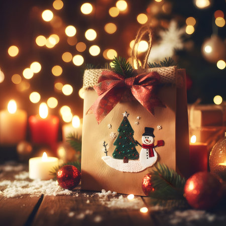 Christmas gift box on wooden table with bokeh lights background.の素材