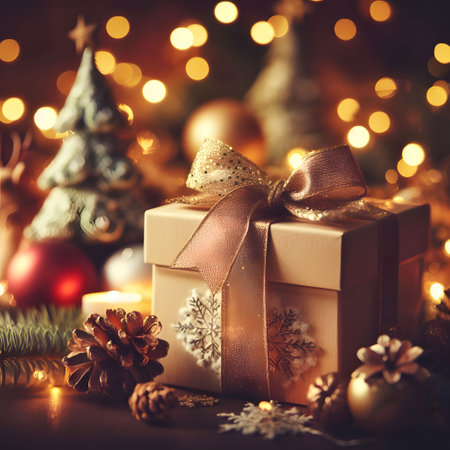 Gift box with golden bow on bokeh christmas backgroundの素材