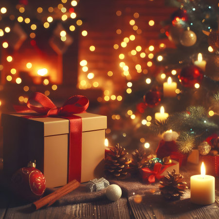 Christmas gift box with red ribbon on wooden table in front of christmas treeの素材