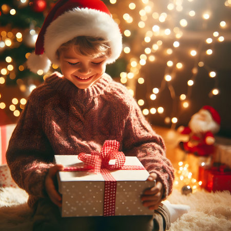 Little boy in santa hat with gift box on Christmas background.の素材
