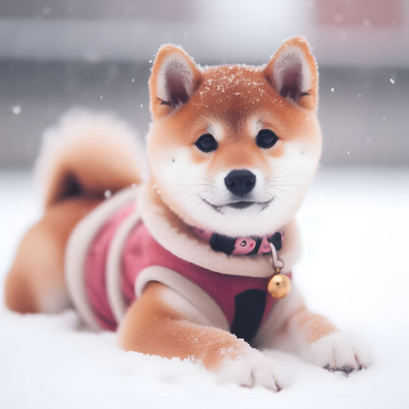 Shiba inu dog in pink dress on the snow background.の素材