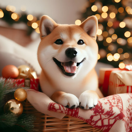 Cute akita inu dog in basket with christmas gifts on blurred backgroundの素材