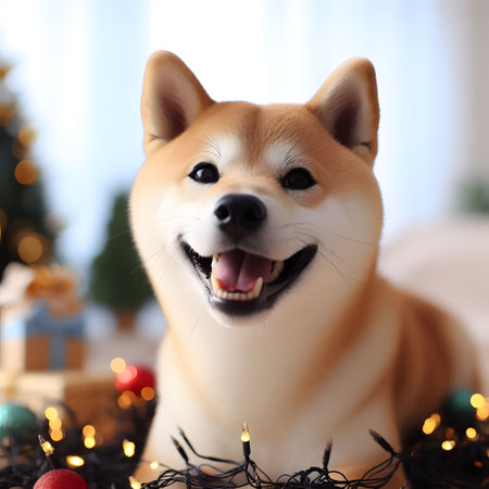 Cute shiba inu dog with Christmas decorations on light backgroundの素材