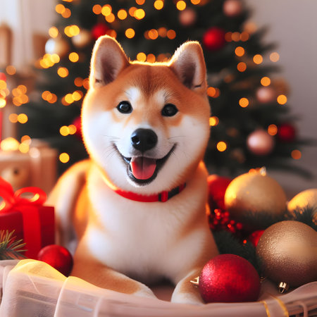 Shiba inu dog with christmas decorations on background, closeupの素材