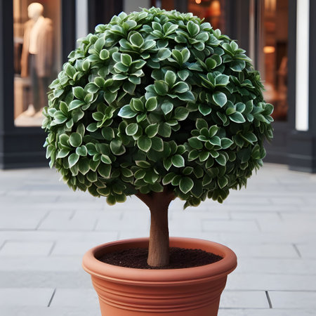 Closeup of a small green tree in a pot on the streetの素材