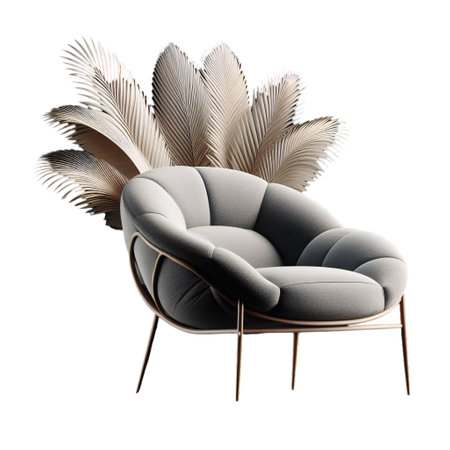 Modern gray armchair with golden feathers isolated on white background. 3d renderの素材
