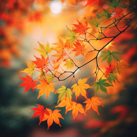 Autumn maple leaves on blurred background. Seasonal background. Selective focus.の素材