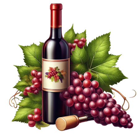 Bottle of red wine with grapes and leaves isolated on white backgroundの素材