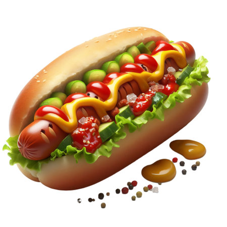 Hot dog with mustard and ketchup on white background. Vector illustration.の素材