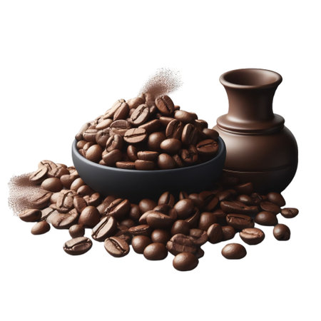 Coffee beans in a bowl and a clay jug isolated on white backgroundの素材