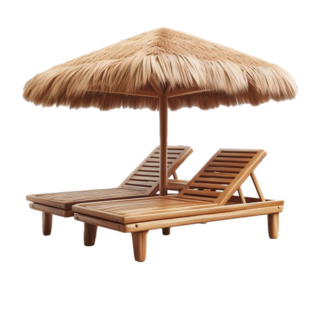 Wooden deck chairs and umbrella isolated on white background. 3d rendering.の素材