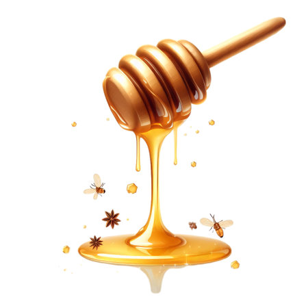 Honey dripping from a wooden honey dipper isolated on white backgroundの素材