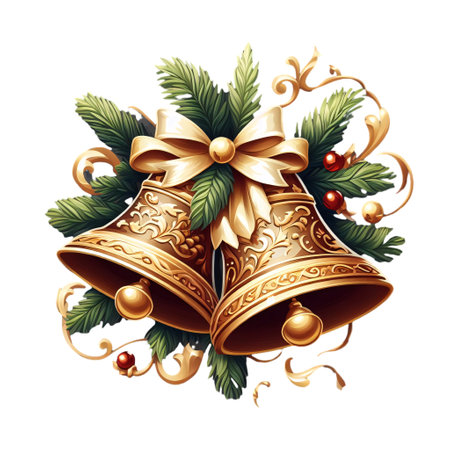 Christmas bells with golden bow and fir tree branches. Vector illustration.の素材
