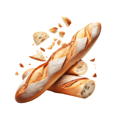 Pieces of tasty ciabatta bread falling on white backgroundの素材