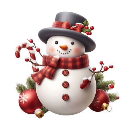 Christmas snowman with red balls, candy cane and fir branches on white backgroundの素材