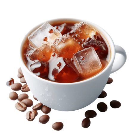 Cup of coffee with ice cubes and beans isolated on white backgroundの素材