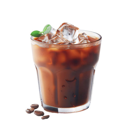 Glass of iced coffee with ice cubes and mint on white backgroundの素材