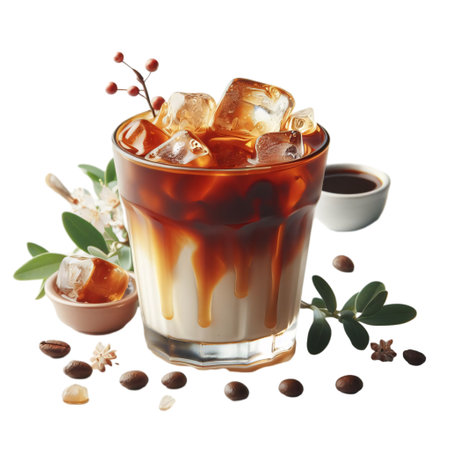 Glass of iced coffee with ice cubes, isolated on white backgroundの素材