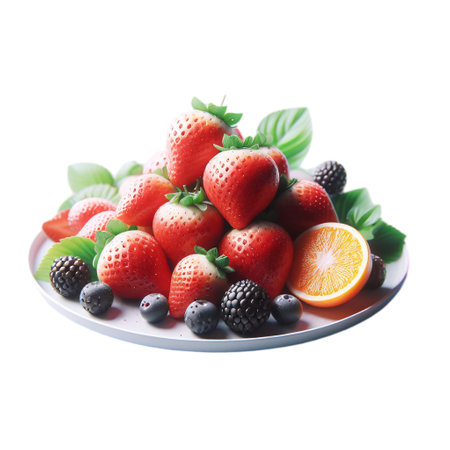 Plate with fresh berries and fruits on white background, closeupの素材