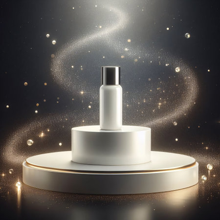 White cosmetic bottle on white podium. 3D illustration. Mock up.の素材