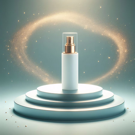 Cosmetic bottle mockup on podium. 3d render illustration.の素材