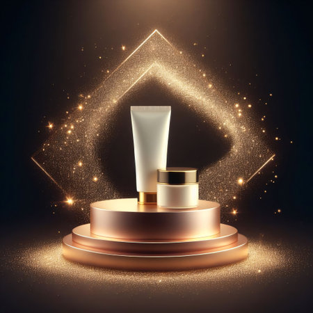 Cosmetic bottle on golden podium with glowing lights, 3d illustrationの素材