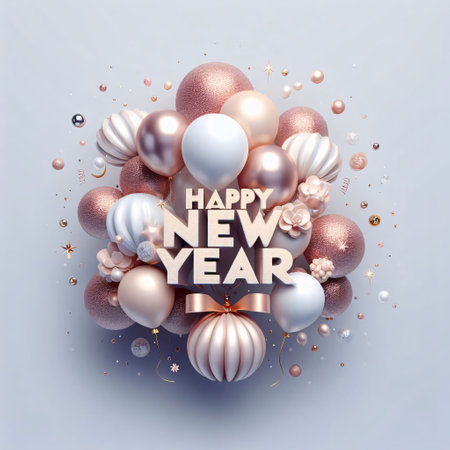 Happy New Year Greeting Card with Golden and Pink Balloons and Ribbon.の素材