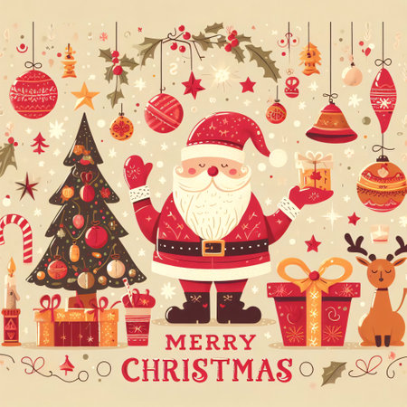 Merry Christmas and Happy New Year greeting card with Santa Claus. Vector illustration.の素材