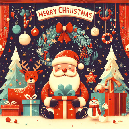 Merry Christmas and Happy New Year greeting card with Santa Claus and presents. Vector illustrationの素材