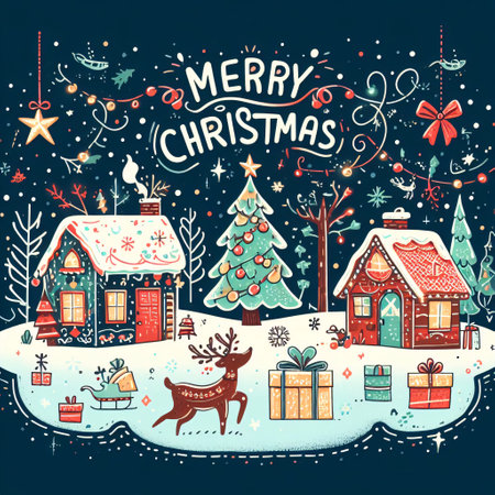 Merry Christmas and Happy New Year greeting card, vector illustration.の素材