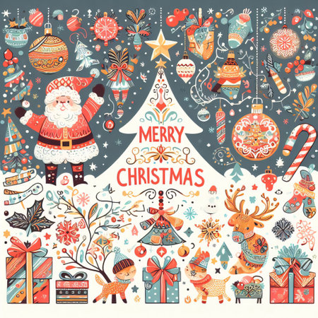 Merry Christmas and Happy New Year. Greeting card, poster, banner. Vector illustration.の素材