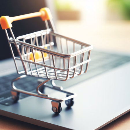 Shopping cart on laptop keyboard. Online shopping concept. Toned imageの素材