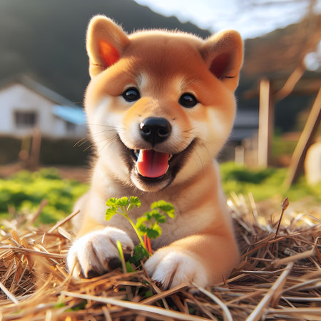 Shiba inu puppy on the grass in the garden. Selective focus.の素材